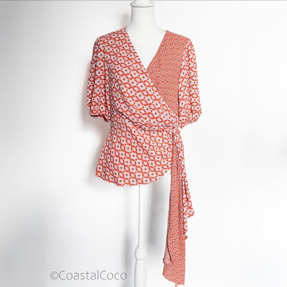 Sachin & Babi Wrap Blouse Top 8 Floral Asymmetric Puff Sleeve Retro Artsy Boho - Picture 1 of 14